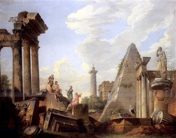 Clasical Figures Conversing Amongst Ancient Ruins Including The Pyramid Of Gaius Cestius Oil Painting by Giovanni Paolo Panini