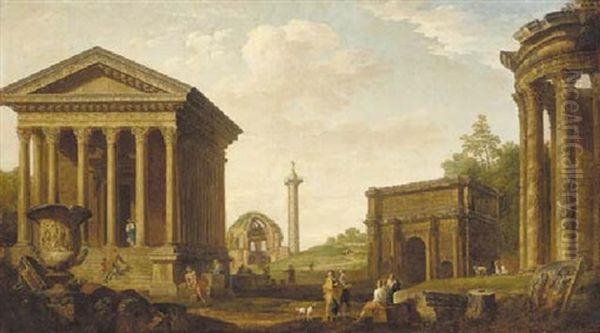 A Capriccio Of Figures Amongst Roman Ruins, With The Arch Of Septimis Severus, The Temple Of Minerva Medica, The Temple Of The Tiburtine Sibyl And The Column Of Trajan Oil Painting by Giovanni Paolo Panini