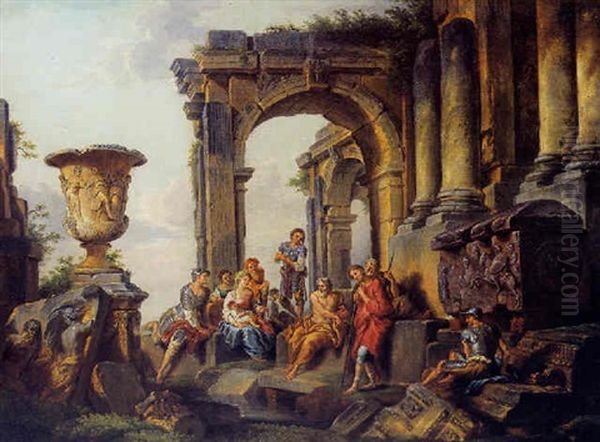 Ruines Romaines Avec Soldats En Discussion Avec Un Philosophe Oil Painting by Giovanni Paolo Panini