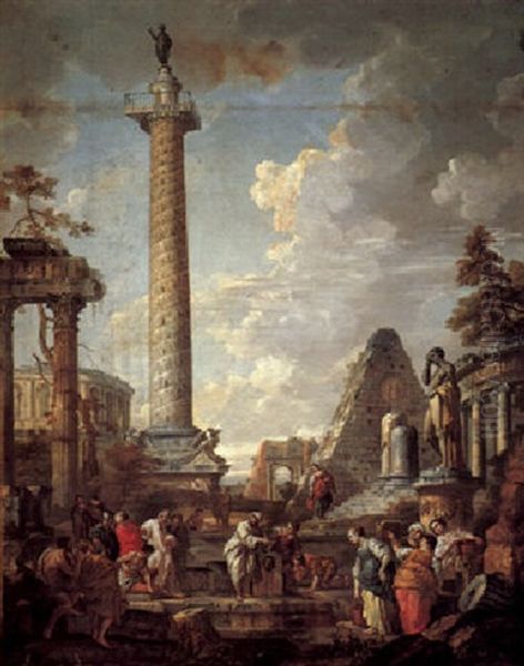 An Architectural Capriccio Of Roman Ruins, With Figures Gathered Around A Well Before Trajan's Column Oil Painting by Giovanni Paolo Panini