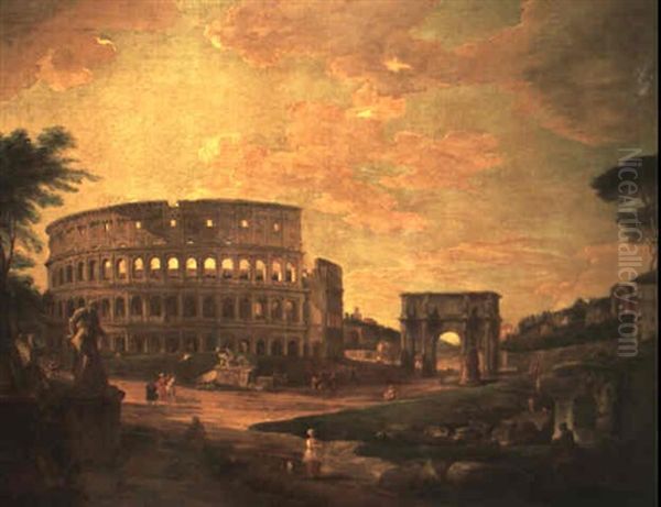 Figures Amongst Classical Ruins Before The Colosseum And    The Arch Of Constantine Oil Painting by Giovanni Paolo Panini