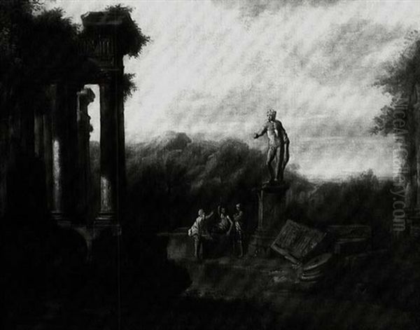 Landscape With Soldiers Conversing Beside Classical Ruins Oil Painting by Giovanni Paolo Panini