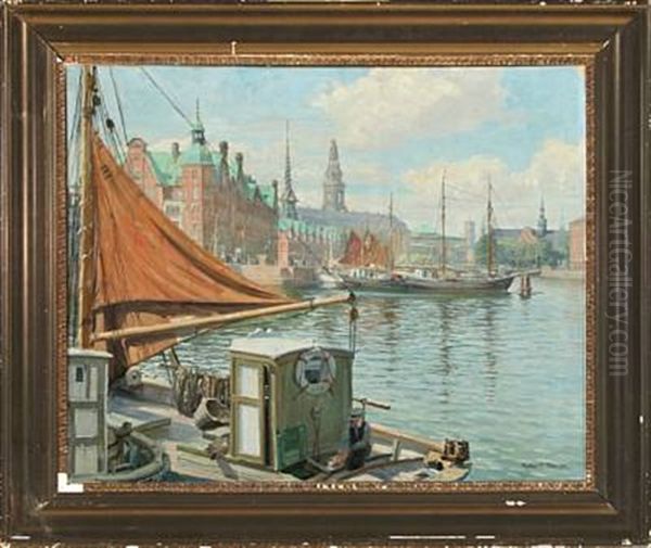 From Copenhagen Canal With Christiansborg Castle In The Background Oil Painting by Robert Panitzsch