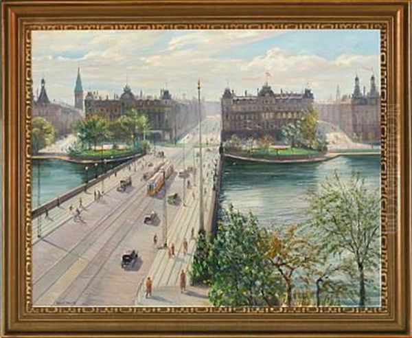 View Of Queen Louise's Bridge In Copenhagen Seen From Norrebro Oil Painting by Robert Panitzsch