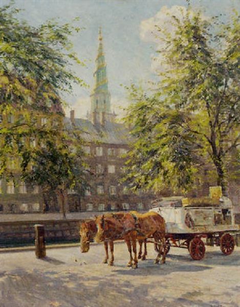 A Horse-drawn Stall Before A Copenhagen Canal Oil Painting by Robert Panitzsch