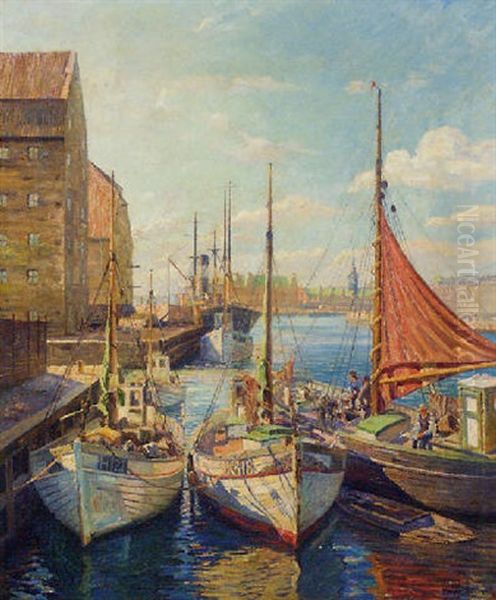Fishing Boats At The Quay, Copenhagen Oil Painting by Robert Panitzsch