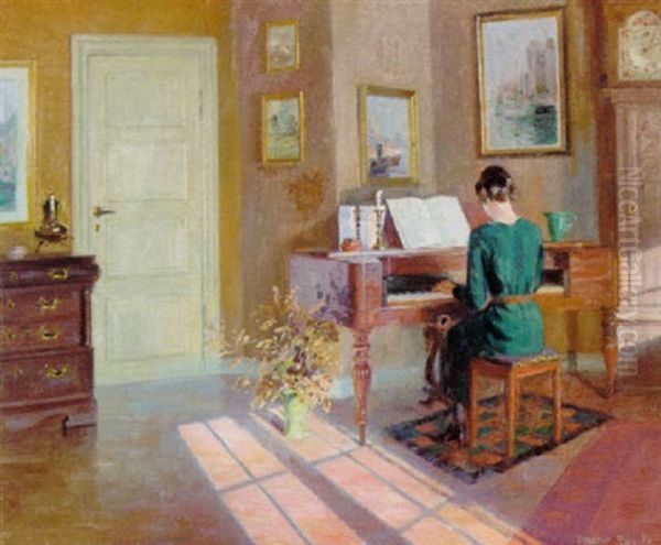 Interior Med Dame I Gront Ved Klaveret Oil Painting by Robert Panitzsch