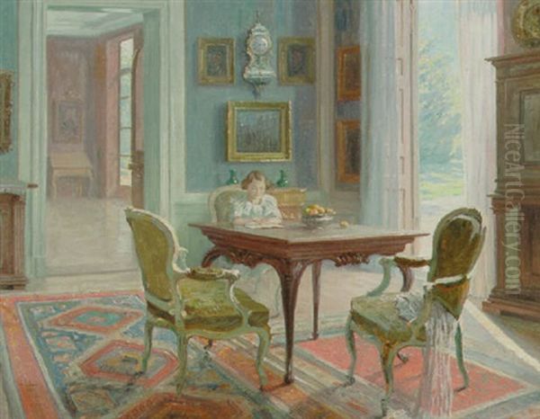 Herskabeligt Interior Med Husets Datter Laesende Ved Et Bord Oil Painting by Robert Panitzsch