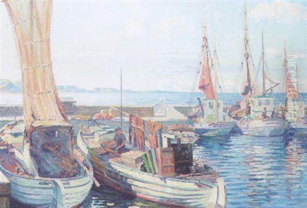 Fishing Boats Moored In A Harbour Oil Painting by Robert Panitzsch