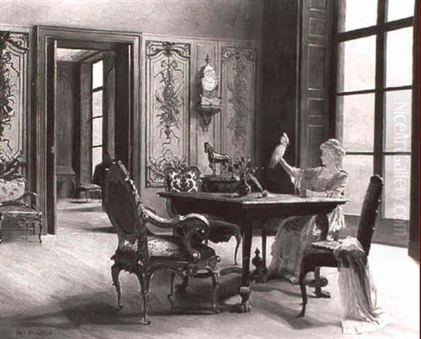 Rokoko - Interieur Mit Einer Dame, Die Am Tisch Sitzt Und   Einen Kakadu Auf Dem Arm Halt Oil Painting by Robert Panitzsch