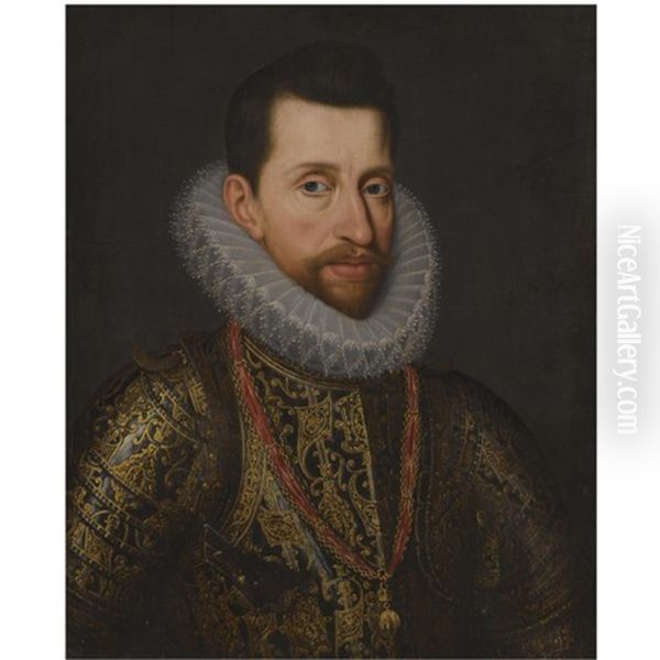 Portrait Of Archduke Alberto Of Austria, Ruler Of Flanders, Half Length, Wearing Richly Decorated Ceremonial Armour And The Order Of The Golden Fleece Oil Painting by Juan Pantoja de la Cruz