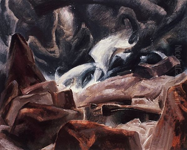 Waterfalls Among The Rocks Near Pegg's Cove, Atlantic Cove Oil Painting by Lawrence Arthur C. Panton