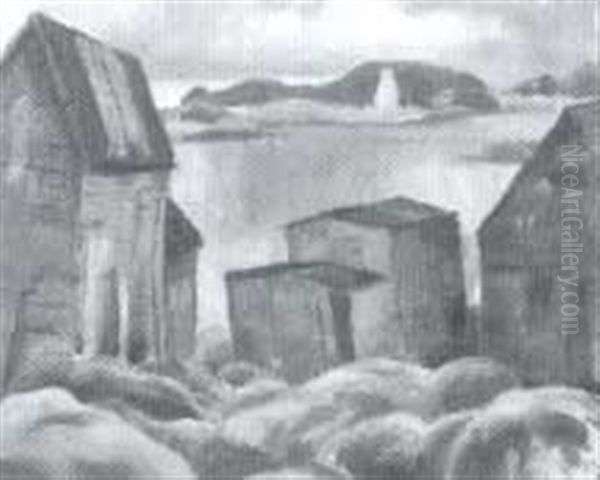 Fish Stores, Indian Harbour, Nova Scotia Oil Painting by Lawrence Arthur C. Panton