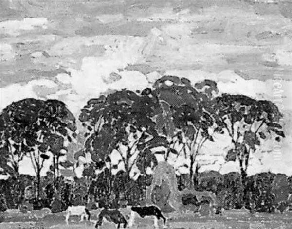 Untitled - Cattle Grazing In Summer Landscape Oil Painting by Lawrence Arthur C. Panton