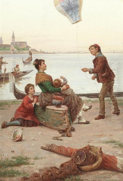 Admiring The Balloon, Venice Oil Painting by Antonio Paoletti