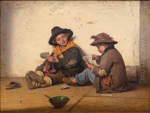 Children Playing Cards Oil Painting by Antonio Paoletti