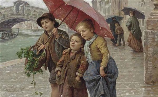 A Stroll Beside The Rialto Bridge, Venice Oil Painting by Antonio Paoletti