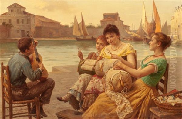 Venetian Lacemakers Oil Painting by Antonio Paoletti