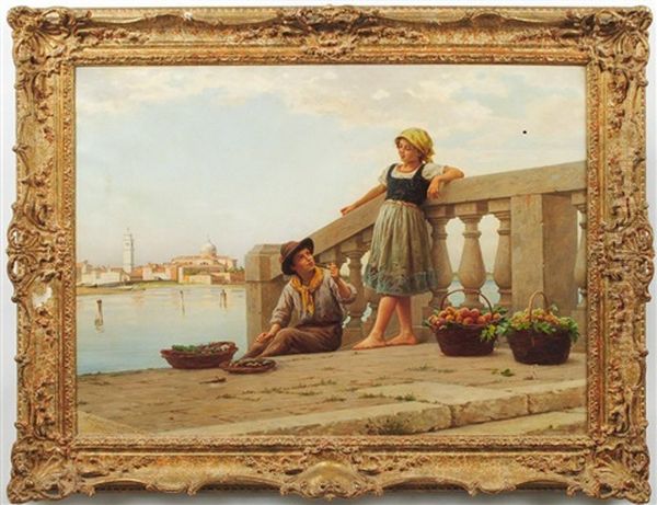 Venetian Fruit Sellers Oil Painting by Antonio Paoletti