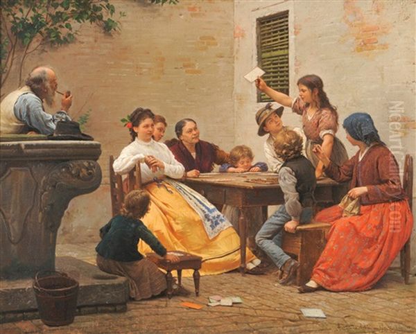 An Italian Courtyard With Numerous Figures Playing A Game Of Loto Oil Painting by Antonio Paoletti