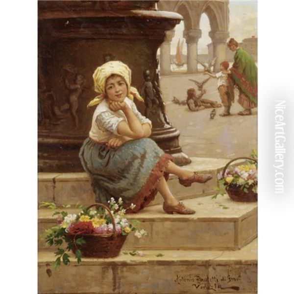 The Little Flower Seller Oil Painting by Antonio Paoletti