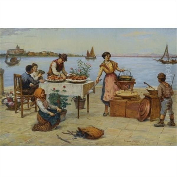 Repast By The Canal, Venice Oil Painting by Antonio Paoletti