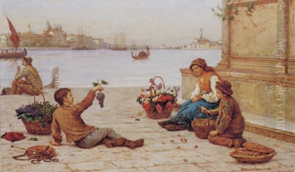 La Fioraia E I Due Piccoli Venditori Di Frutta Oil Painting by Antonio Paoletti