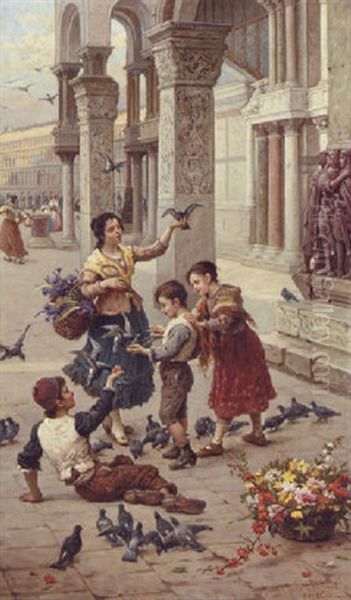 Feeding The Pigeons At Piazza St. Marco, Venice Oil Painting by Antonio Paoletti