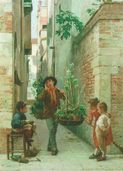 A Flower Seller Oil Painting by Antonio Paoletti