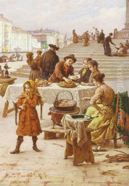 Venetian Food Sellers Oil Painting by Antonio Paoletti