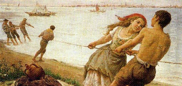 Venezia, Pescatore Sulla Riva Oil Painting by Antonio Paoletti