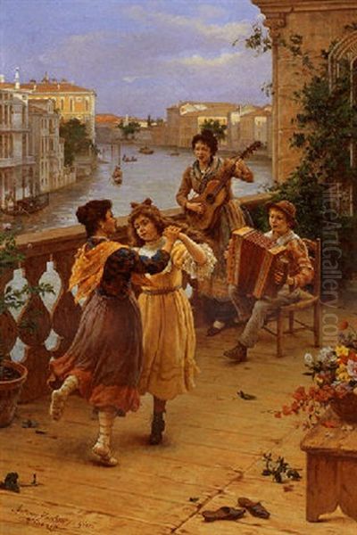 On A Venetian Balcony Oil Painting by Antonio Paoletti