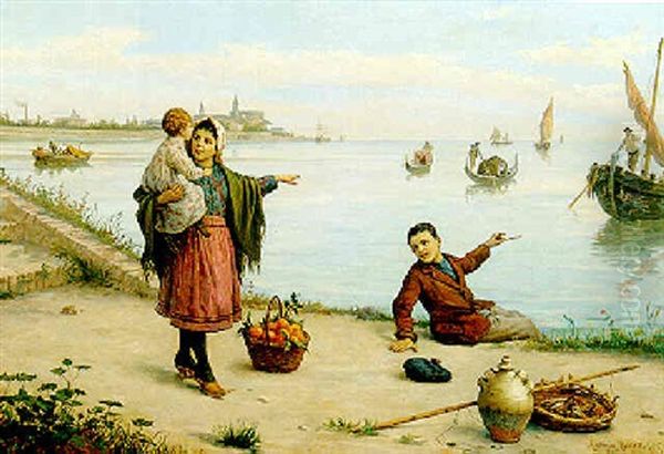 Venetian Children By The Shore Oil Painting by Antonio Paoletti
