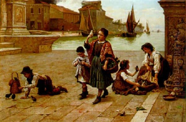 Die Kleinen Vogelverkaufer An Der Riva Degli Schiavoni Oil Painting by Antonio Paoletti