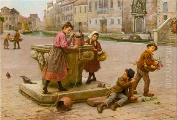 Children At A Well, Venice Oil Painting by Antonio Paoletti