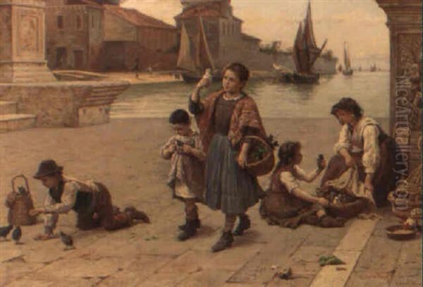 Venditrici Di Pulcini A Riva Degli Schiavone Oil Painting by Antonio Paoletti