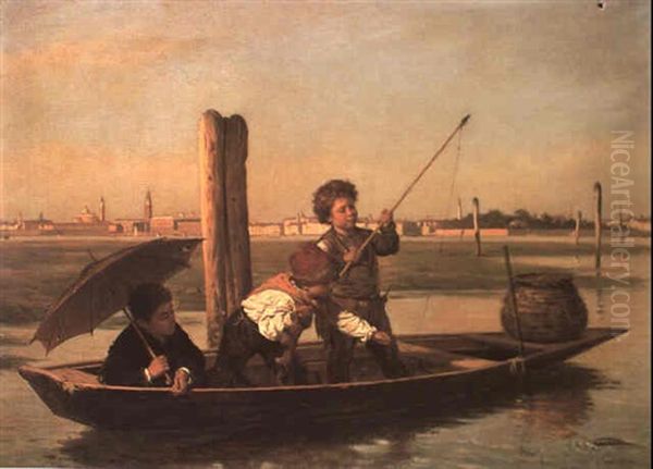 Young Anglers, Venice Oil Painting by Antonio Paoletti