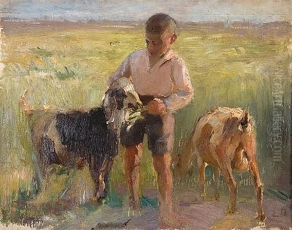 Boy With Goats Oil Painting by Stavros Papapanagiotou