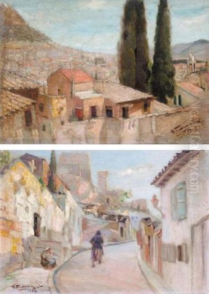 View Of Plaka (+ Another Similar; Pair) Oil Painting by Stavros Papapanagiotou