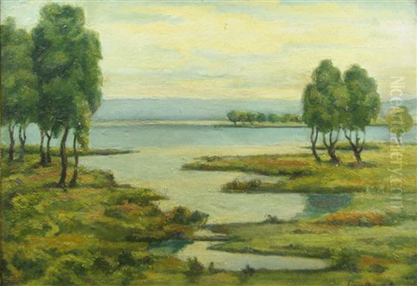 Trees At The Border Of The Water Oil Painting by Tache Papatriandafil