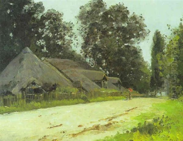 Femme Et Enfant En Promenade Pres Des Chaumieres Oil Painting by Constant Pape