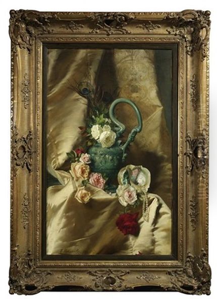 Stilleben Mit Bunten Rosen Und Pfauenfedern In Einer Hydria Mit Reliefdekor Oil Painting by Georg Papperitz