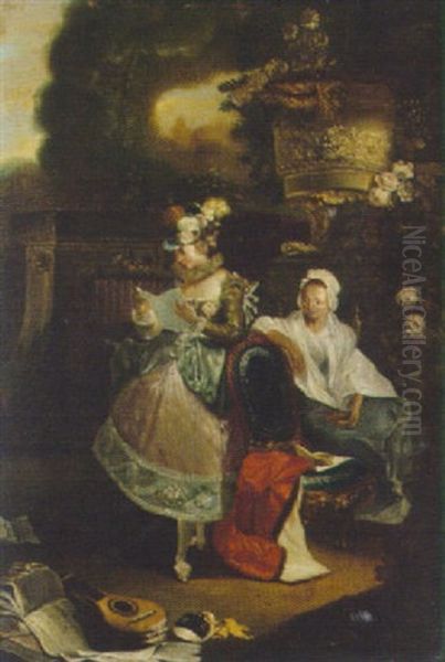 A Lady With A Procuress In A Garden Oil Painting by Luis Paret Y Alczar
