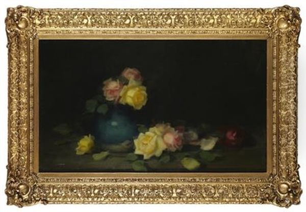 A Still Life Of Yellow And Pink Roses Oil Painting by Stuart James Park