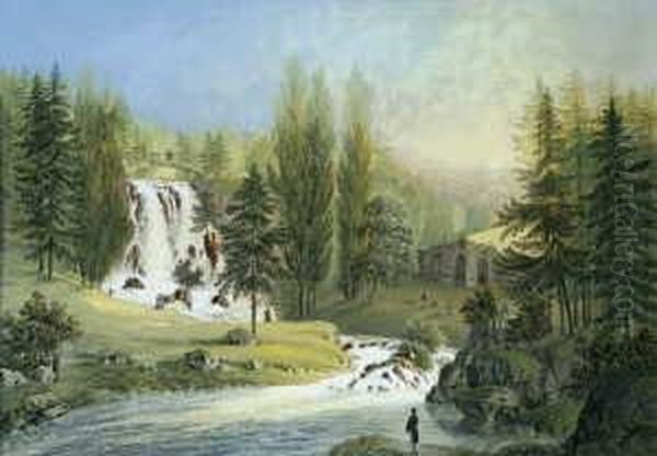 Die Teufelsbrucke Im Schlosspark Wilhelmshohe Bei Kassel. Oil Painting by Johann Heinrich (II) Bleuler:
