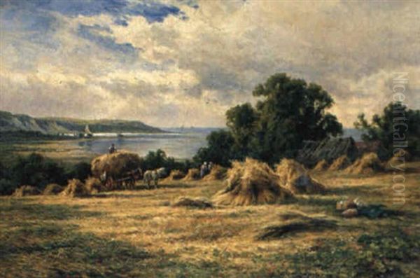 Harvesting On The Sussex County Near Eastborne Oil Painting by Henry H. Parker