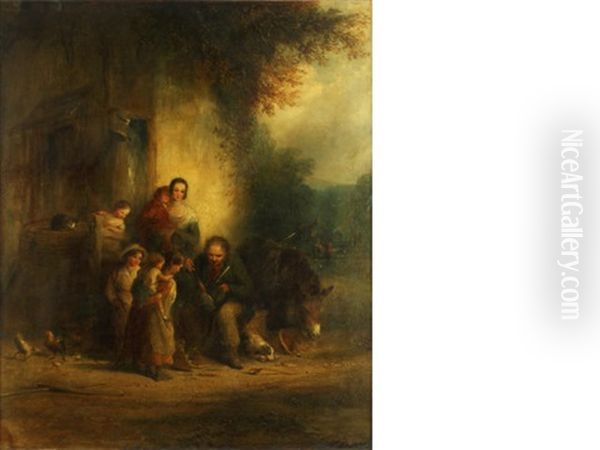 Tinker Mending A Kettle By A Cottage Door Oil Painting by Henry Perlee Parker