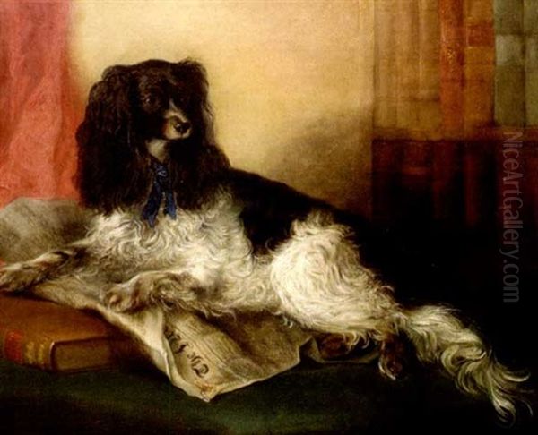 Portrait Of A King Charles Spaniel Seated On A Book And Newspaper Oil Painting by Henry Perlee Parker
