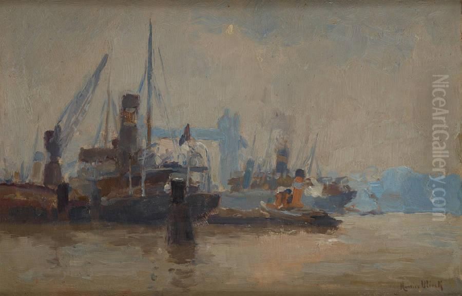 Cargo Et Remorqueur Pres Dupont De Londres Oil Painting by Maurice Blieck