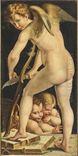 Cupid Making His Bow Oil Painting by Girolamo Francesco Maria Mazzola (Parmigianino)